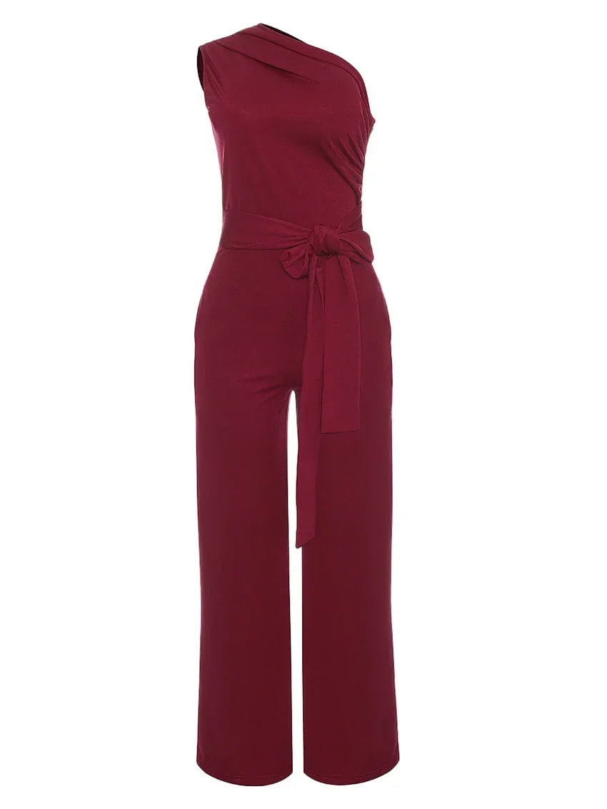 Elegant Skew Collar Belted Jumpsuit