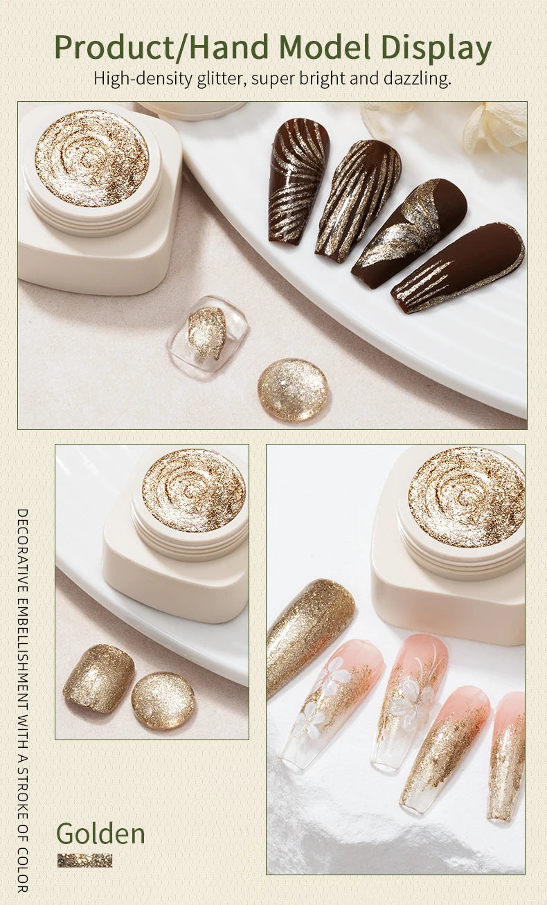 RSNAIL 5g No-Wipe Platinum Gel Nail Polish for Summer Reflective Sparkle Metallic Golden Silvery Drawing Liner Manicure Varnish