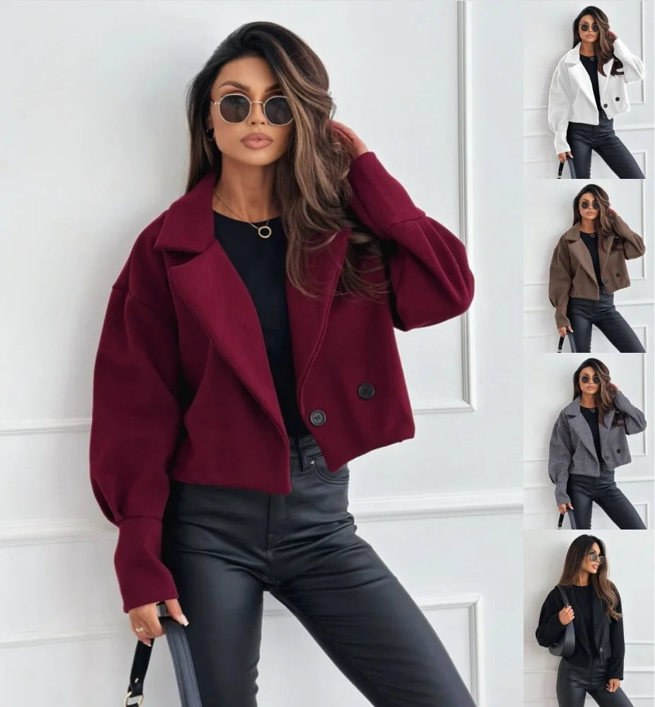 Women's Double Breasted Short Wool Coat Casual Lapel Collar Cropped Jacket For Autumn Winter Daily Wear