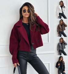 Women's Double Breasted Short Wool Coat Casual Lapel Collar Cropped Jacket For Autumn Winter Daily Wear