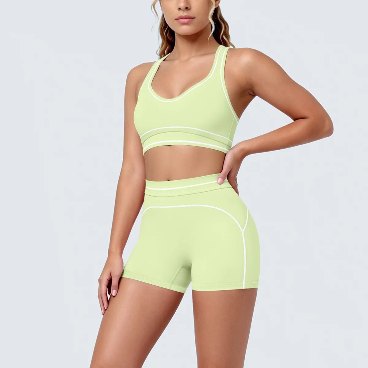 New Woman Yoga Set Color Blocking Sexy Sport Bra Yoga Underwear with Chest Pad High Waist Stripe Running Fitness Shorts Yoga Set