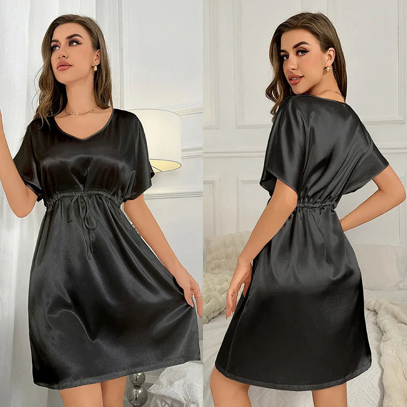 V-Neck Nightdress Loungewear Women Sleepwear Morning Gown Lingerie Sleepdress Robe Summer Nightgown Silky Satin Home Dress