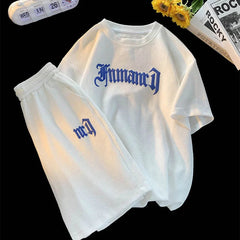 Printed Streetwear Tracksuit Men Summer Waffle Sets Casual Trendy Sportswear Short Sleeve T-Shirt Sports Breathable Shorts