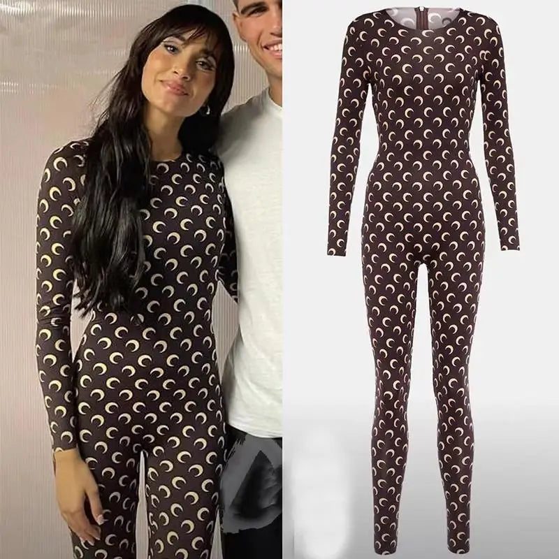 Women Jumpsuit Y2K Streetwear Moon Print Jumpsuit Elastic Long Sleeve Round Neck Autumn Sexy Fashion Bodysuit