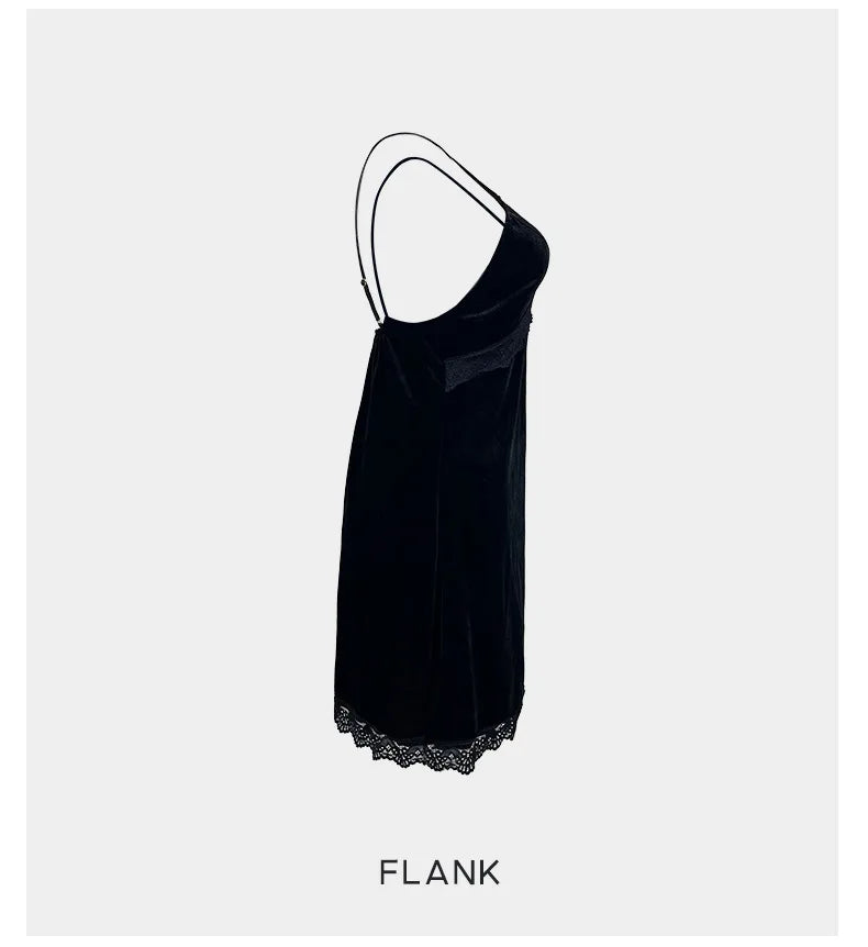 Women's Velvet Nightdress Sexy Deep V Nightgown Female Lace Patchwork Suspender Skirt Backless Adjustable shoulder strap Dress