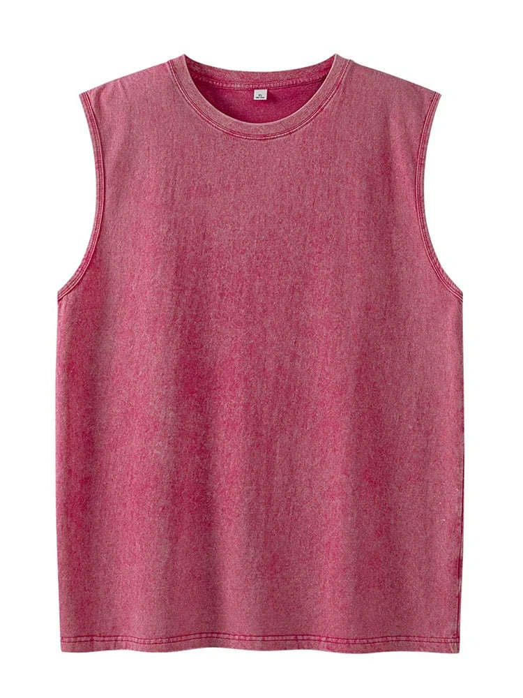 2025 Summer New Men's Washed Cotton Tank Tops Muscle Gym Sleeveless Workout T Shirts Running Beach Loose Cutoff Tees