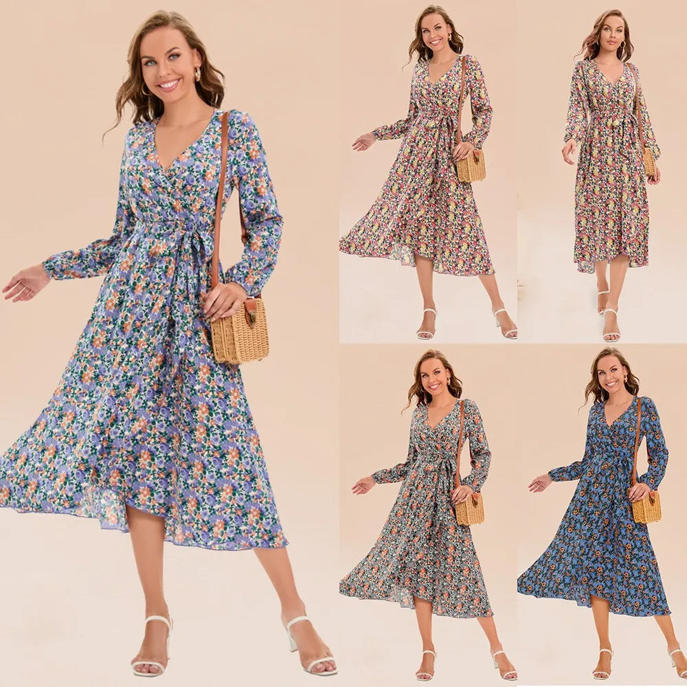 Women's Elegant A-Line Velvet Dress for Wedding Guest Prom Party Wedding Party, Long Sleeve Round Neck Belted Full Skirt