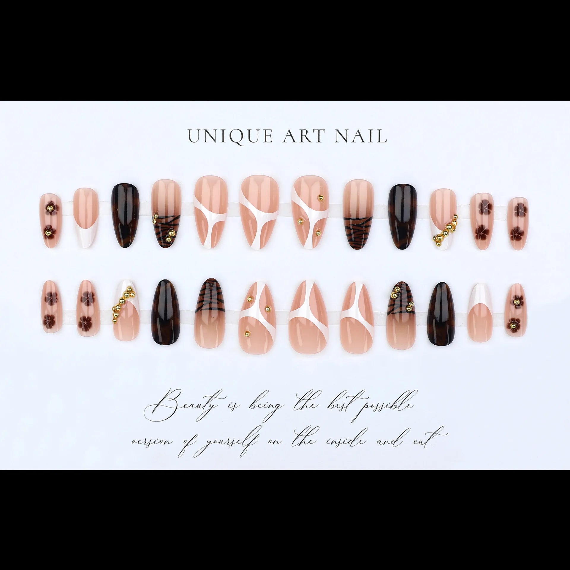 Medium fake nails for women Gradient nude brown blue flowers or rhinestones fall winter almond tips press on false nail art set