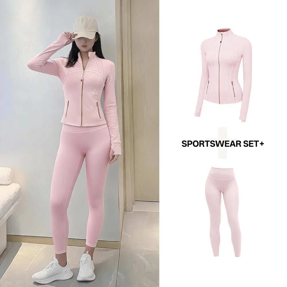 Women's Yoga Set Stand Collar Zip Jacket, Slim Fit Long Sleeve Sports Fitness Yoga Wear