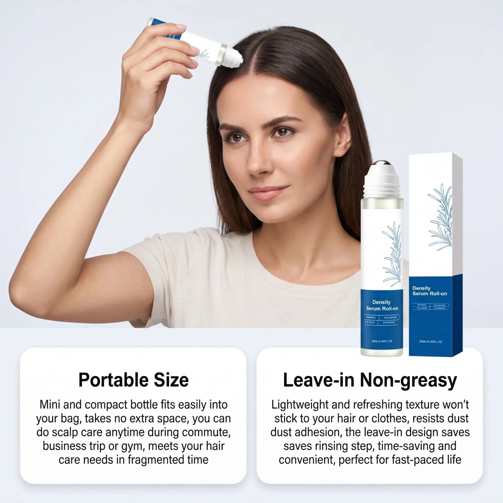 Roll On Hair Serum Leave In Care Scalp Oil Balancing Non Greasy Smooth Frizz Portable Touch Up with Rosemary Extracts 25ml