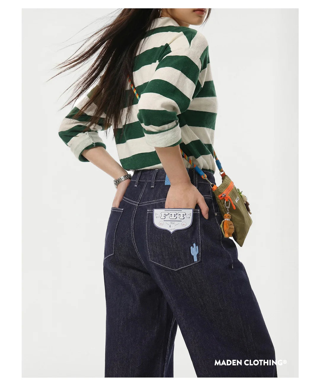 Maden Women's Vintage 12.4oz Washed Denim Jeans Straight Wide-Leg Casual Loose Fit Blue Trousers For Spring and Fall Streetwear