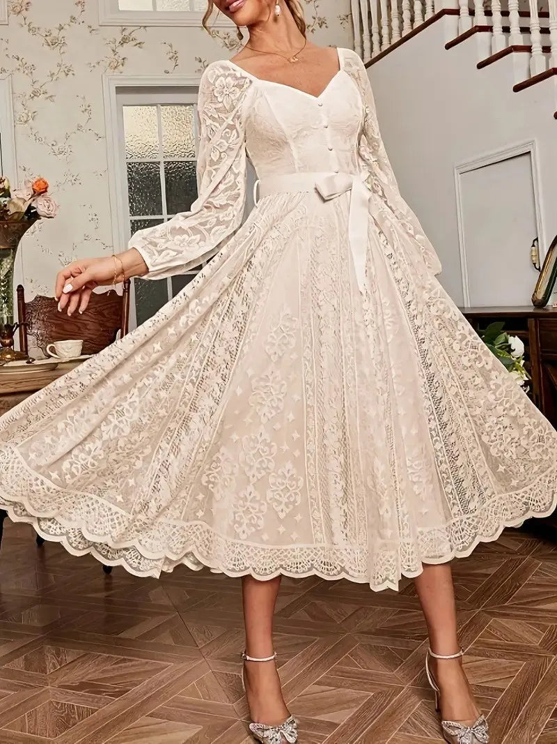 Elegant Party Dress For Woman Evening Prom Dresses Lace Long Gown V Neck Maxi Dress White Pink Floral Lace A Line Balloon Sleeve