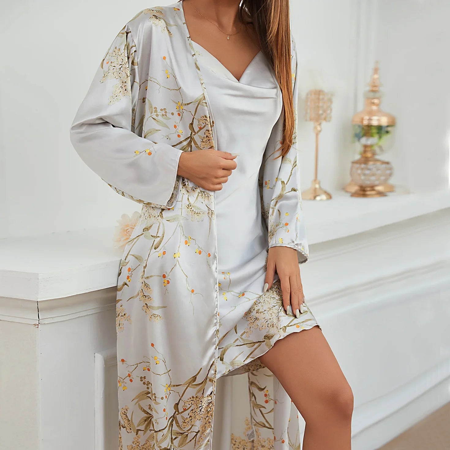 2-pcs Women's Nightgown Women's Pajamas Satin Dress Sexy Slip Dress Women's Silk Robe Satin Woman Nightie Home Suit for Women