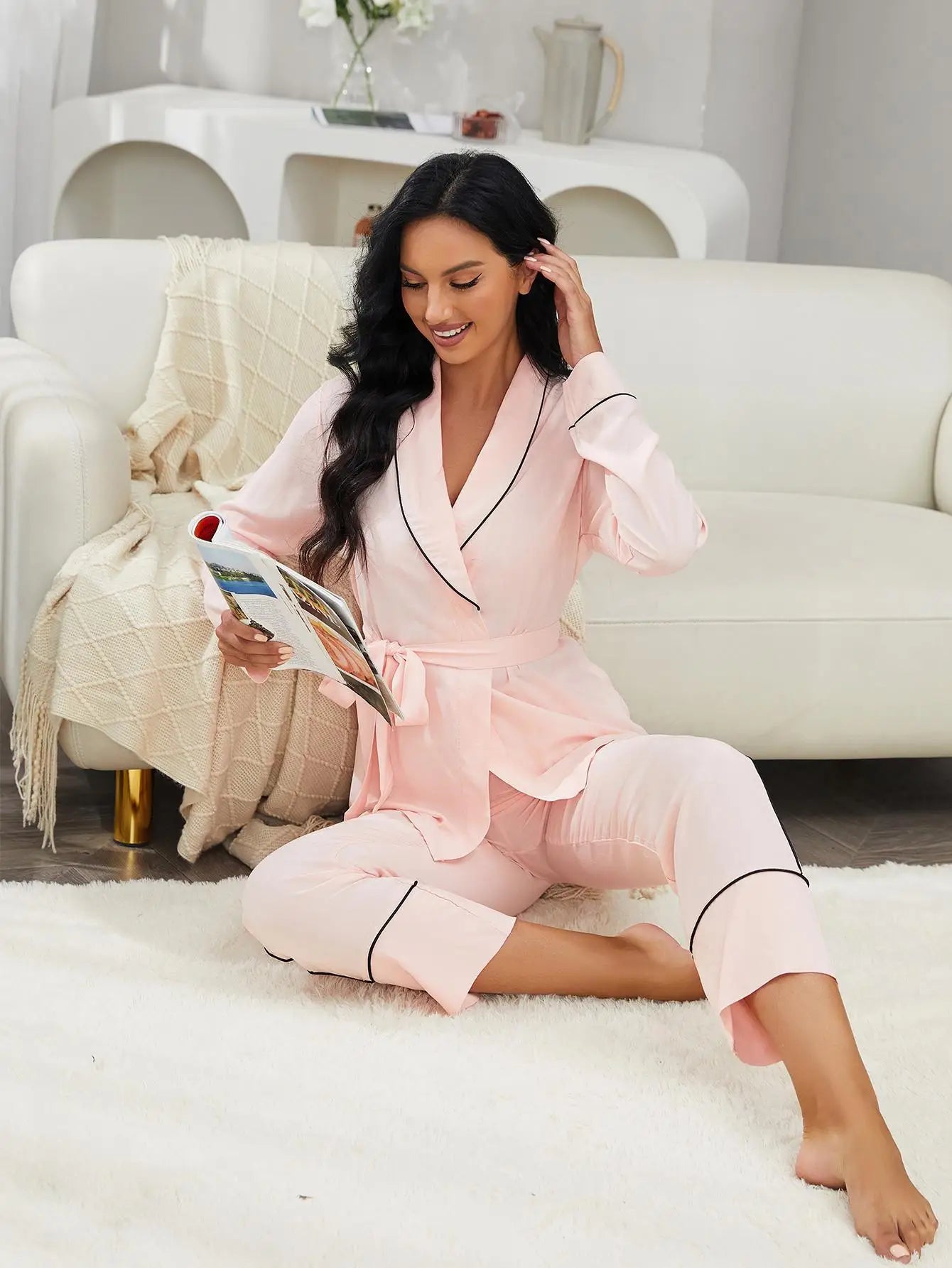 Wrap Belt V Neck Pajama Set
