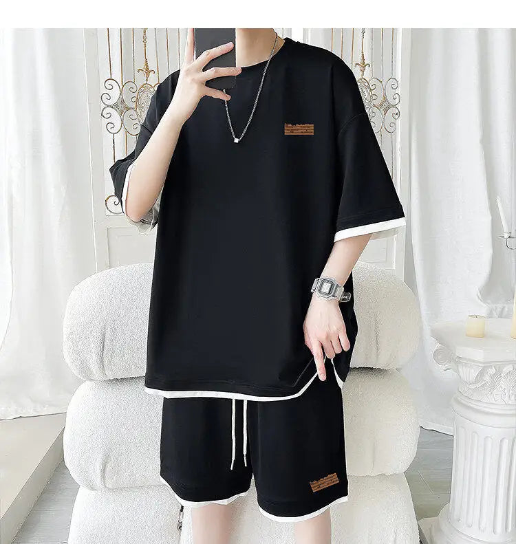 Men's Trendy 2-Piece Streetwear Co-ord Solid Color Short Sleeve T-Shirt And Drawstring Elastic Waist Shorts Set 5XL