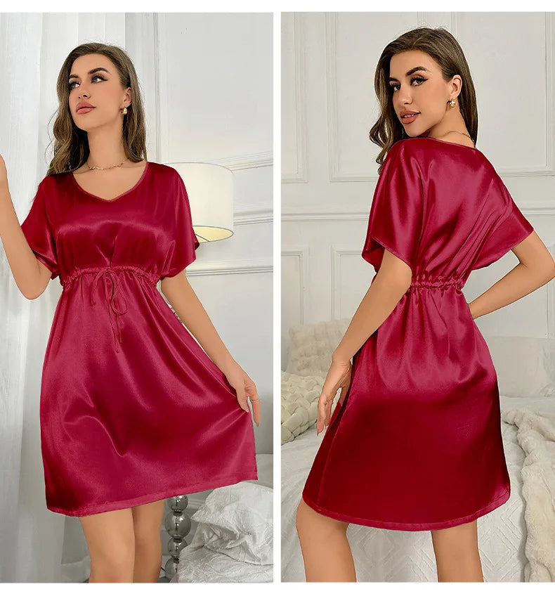 V-Neck Nightdress Loungewear Women Sleepwear Morning Gown Lingerie Sleepdress Robe Summer Nightgown Silky Satin Home Dress