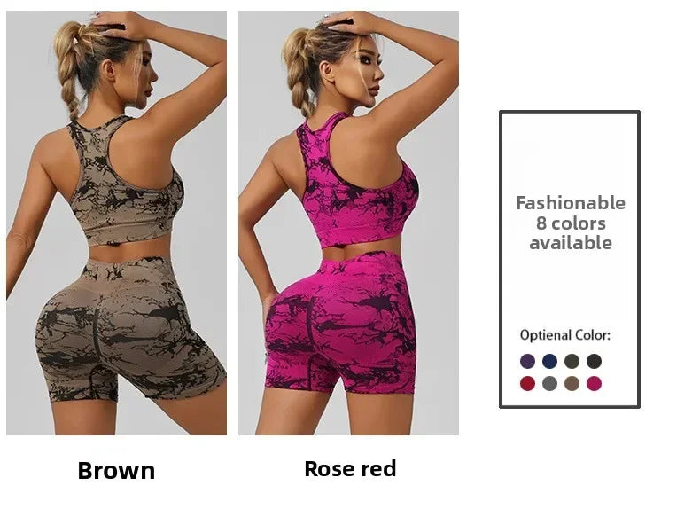 Women Seamless Tie Dye Yoga Set Quick Dry Sports Bra Shorts Lightweight Breathable Workout Outfit