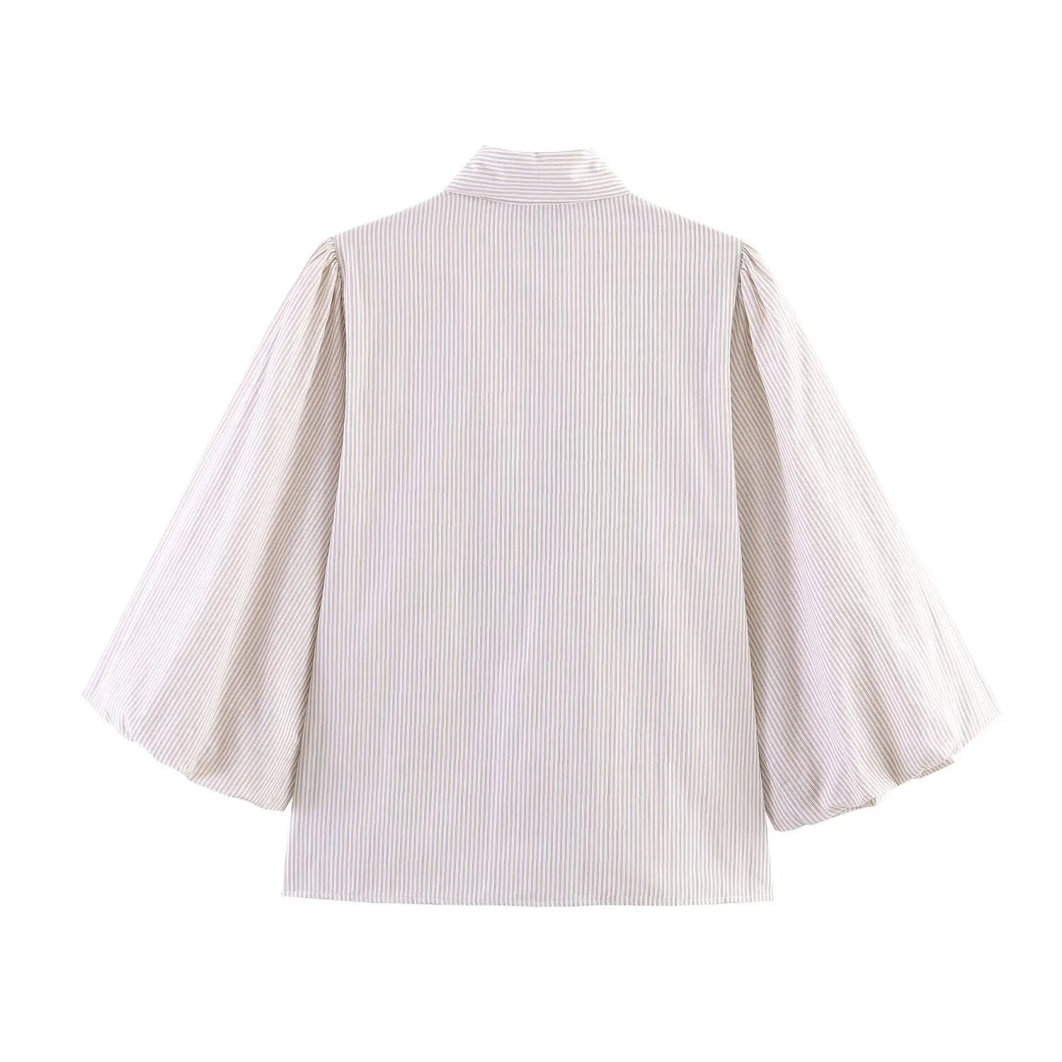 HH Women Elegant Striped Casual Spring Shirt Puff Sleeves Bow Decoration Blouse Female Loose Versatile Single-breasted Blouse