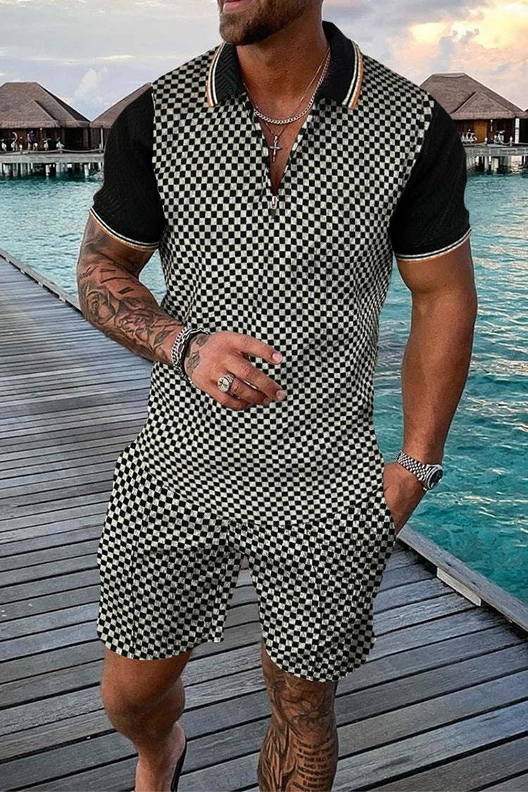 Summer Men's Tracksuit Short Sleeve Polo Shirt Set Fashion Luxury Chain Print Clothing 2 Pieces Casual Suit Streetwear Outfit