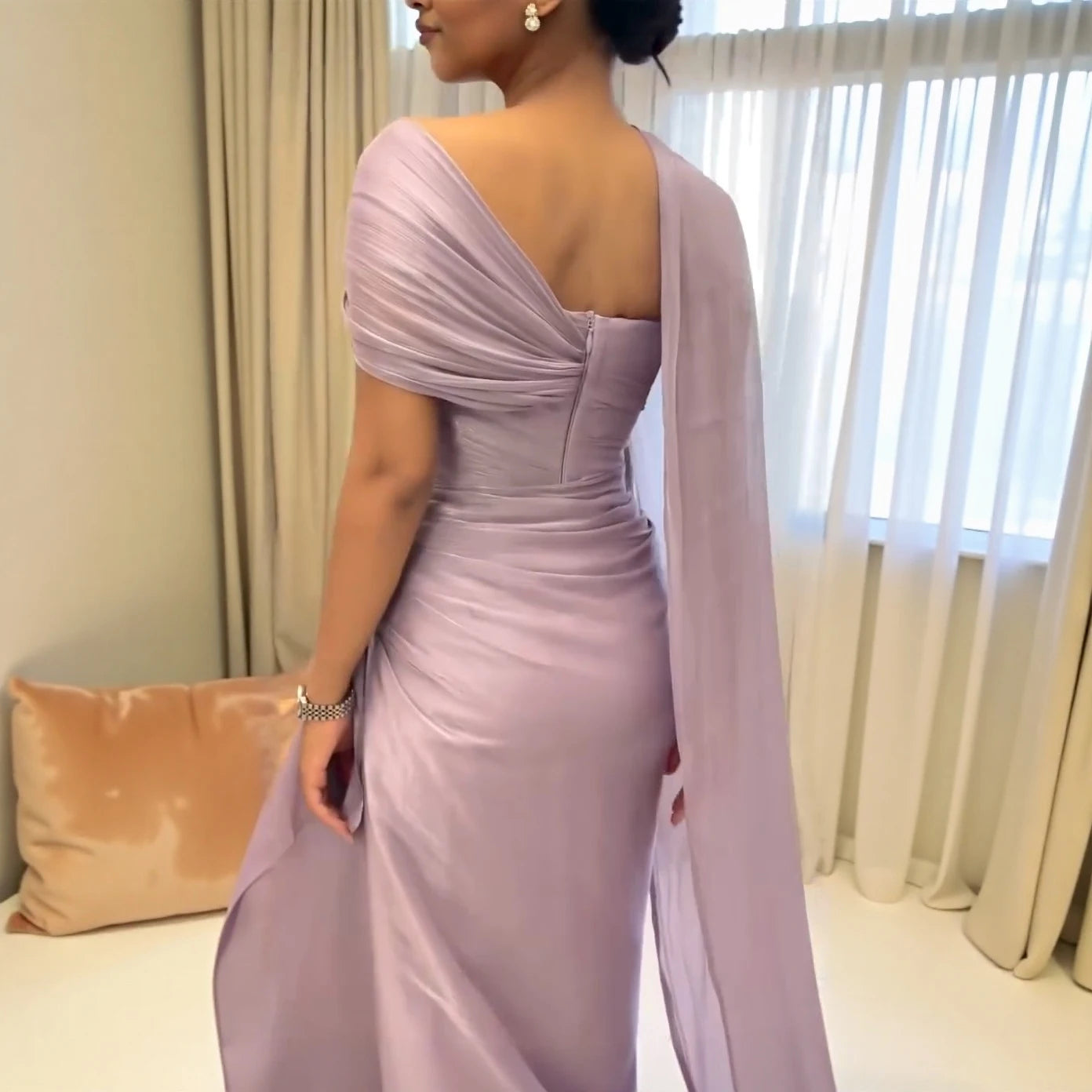 Lilac Draped One Shoulder Evening Gown