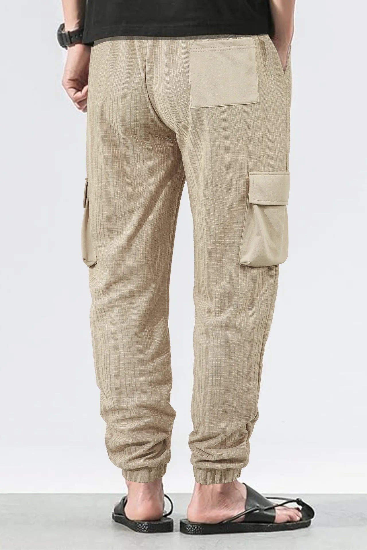 Men's Grid Cargo Joggers Drawstring Elastic Waist Multi Pocket Casual Ankle Length Trousers