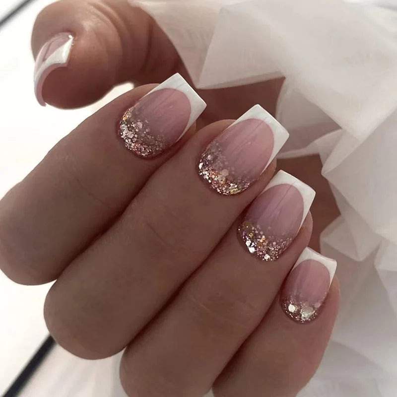 False Nail Full Cover Fake Nail Pink Glitter Wearable French Short Nails Square Head False Nail Press On Nails Manicure Tool