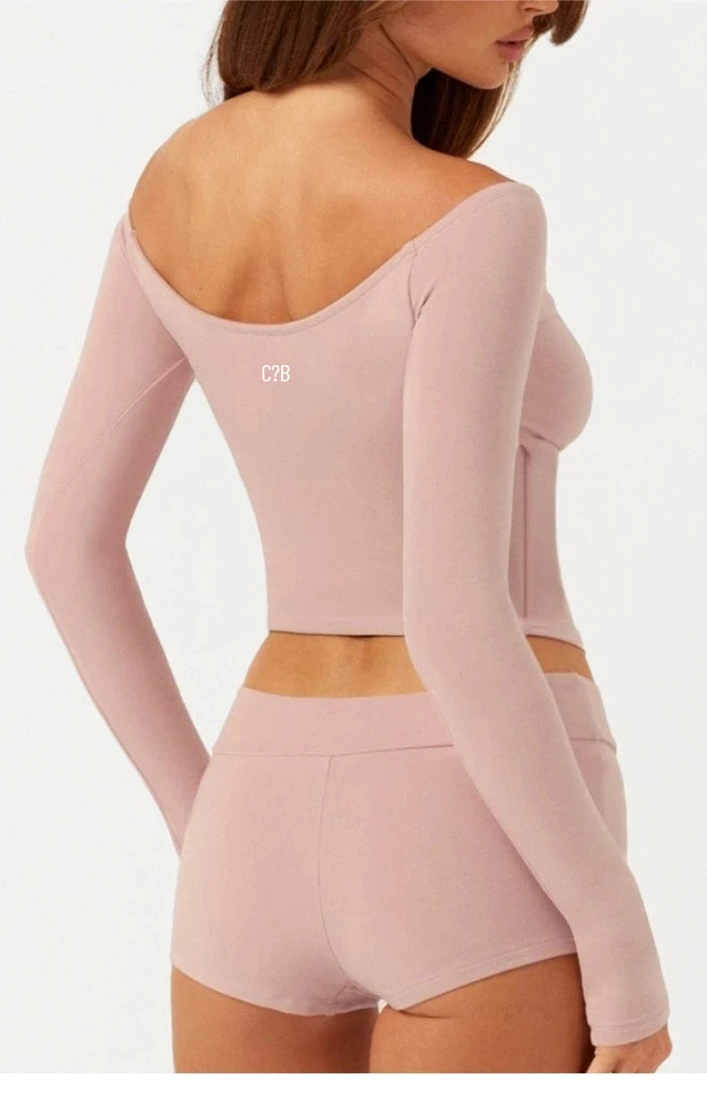C-B Women's Yoga Set: Long-sleeved V-neck T-shirt & High-waisted Cuffed Shorts & Leggings, Suitable for Gym Workouts.