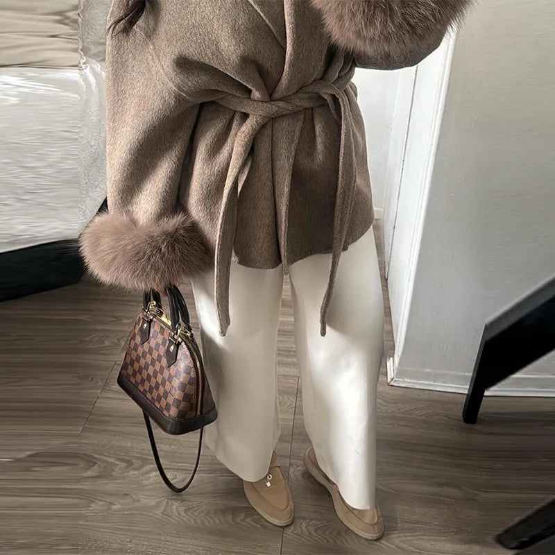 Elegant Women's Lace Up Woolen Coats Solid Full Sleeve Turn-down Collar Loose Lady Coats 2025 Autumn Winter Female Streetwear