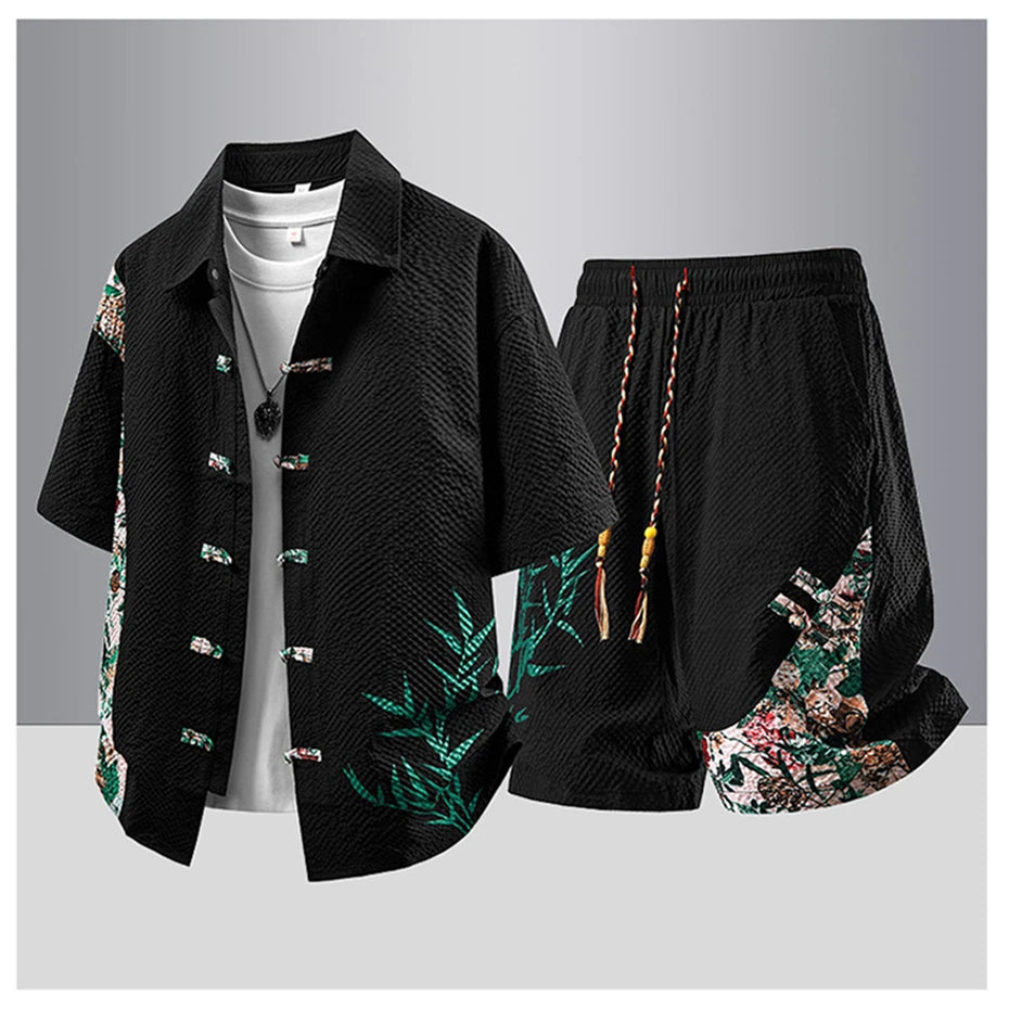 Summer Tracksuits Men Traditional Chinese Style Suit Shirt Shorts Tang Suit Male Fashion Casual Summer Sets