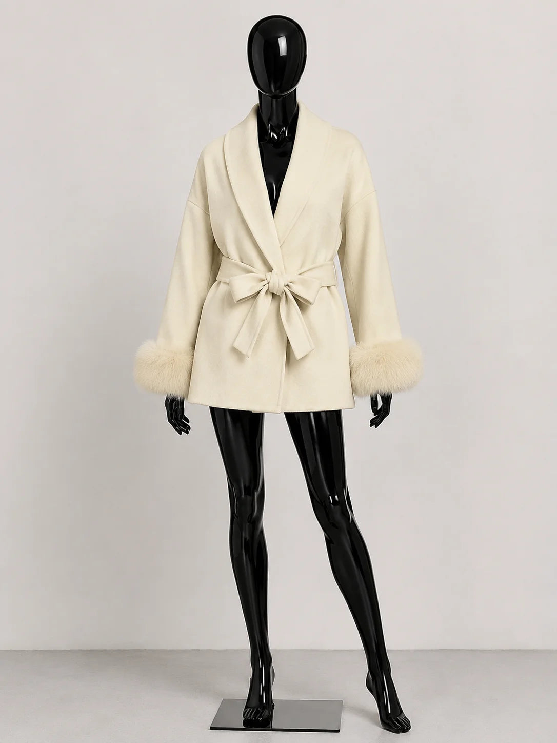 Women's Wool Coat with Fur Cuffs Minimalist Soft Wool High Fashion Belted Winter Fur Trim Coat Old Money Style Natural Fur Coat