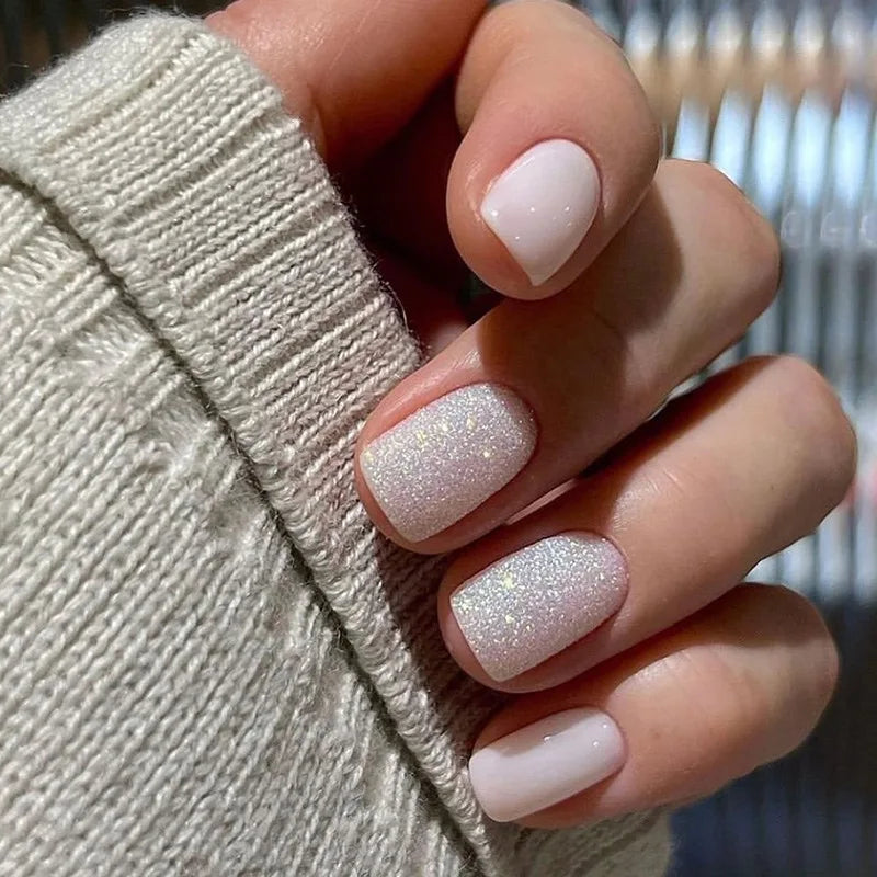 False Nail Full Cover Fake Nail Pink Glitter Wearable French Short Nails Square Head False Nail Press On Nails Manicure Tool