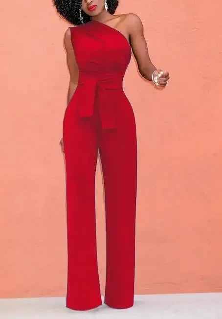 Elegant Skew Collar Belted Jumpsuit