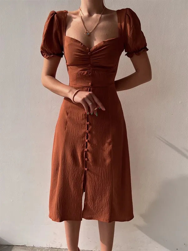 Elegant Dresses Women Summer Sexy Dress 2024 New V-Neck Single Breasted Short Puff Sleeves Solid High Waist Hem Split Midi Dress