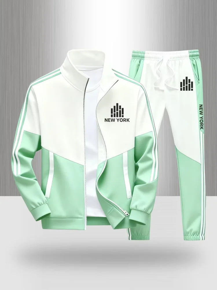 Tracksuit Men's New York Print 2 Piece Set Sportswear Color Block Zip Up Jacket and Jogger Pants Casual Striped Athletic Outfit