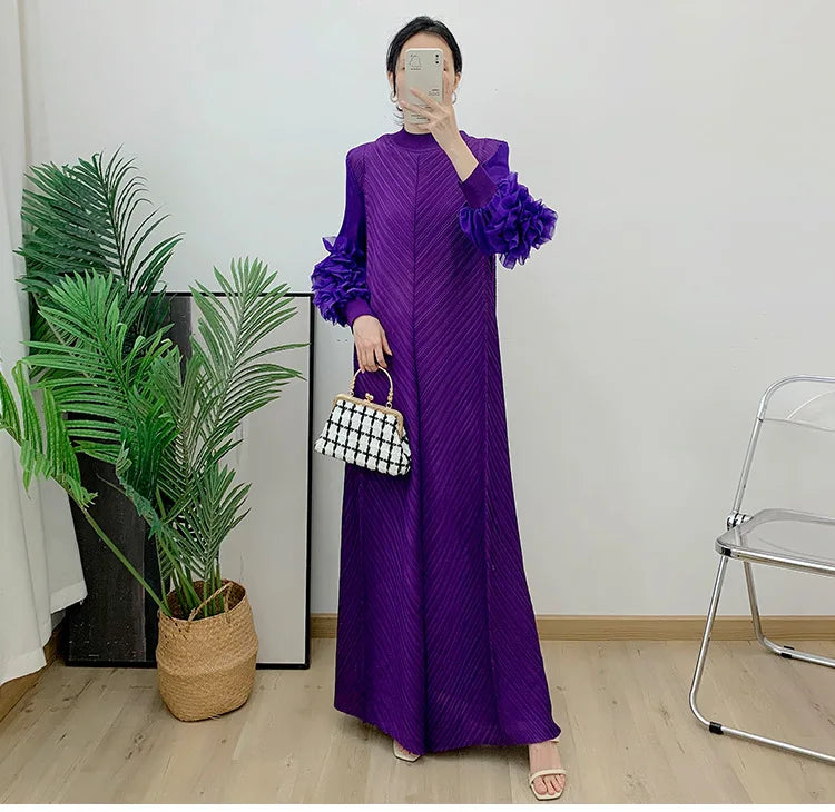 Women Elegant Evening Party Dresses 2025 Summer New Solid Colour Classic Long Sleeve Plate Flower Design Prom Dresses Female