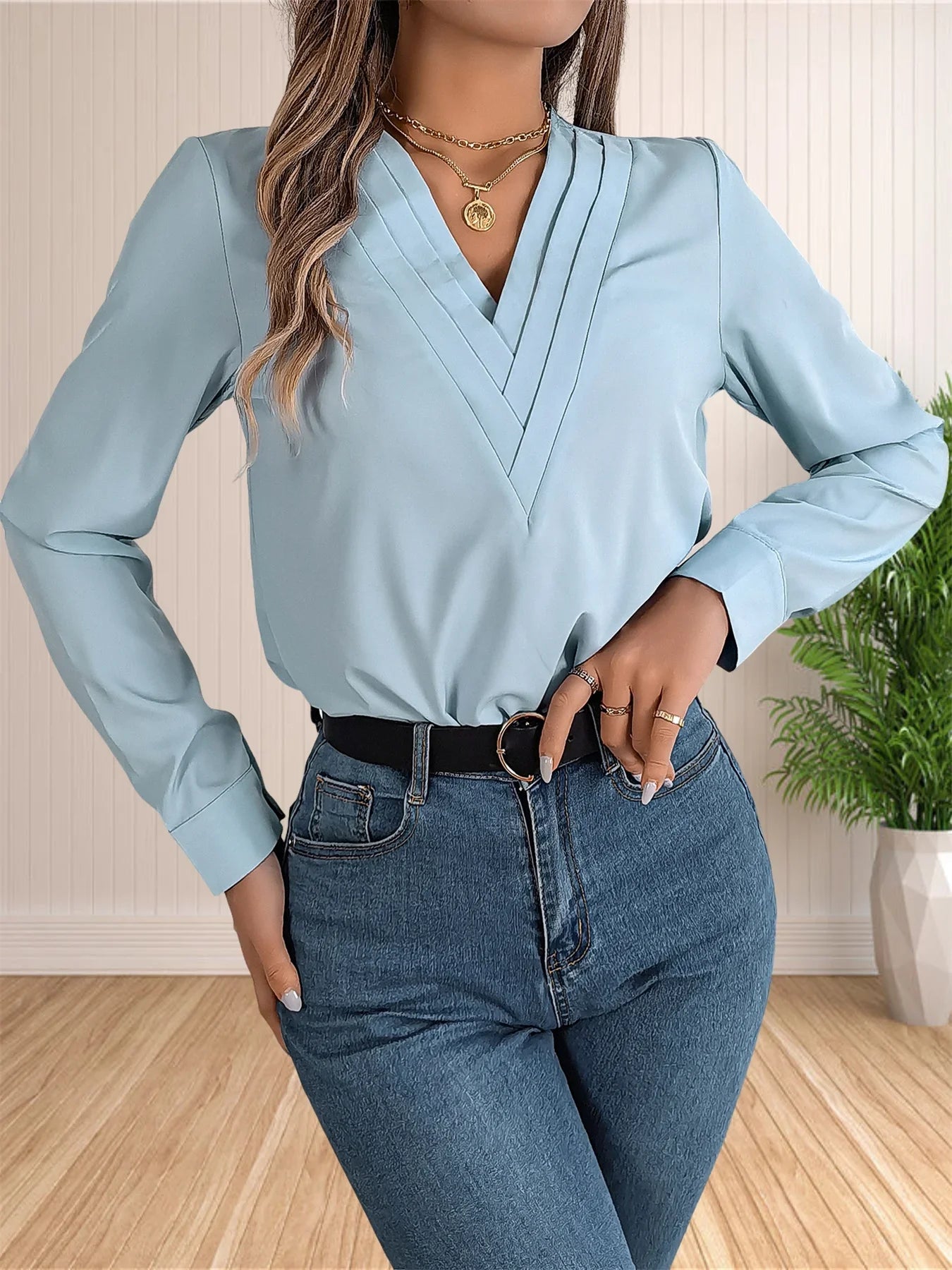 Elegant Layered V-Neck Work Blouse