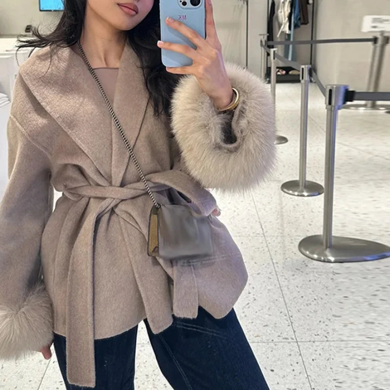 Elegant Women's Lace Up Woolen Coats Solid Full Sleeve Turn-down Collar Loose Lady Coats 2025 Autumn Winter Female Streetwear