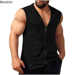 Summer New Men's Workout Hooded Tank Tops Zip-up Sleeveless Gym Bodybuilding Tees Muscle Tops Male Streetwear Casual Sweatshirts