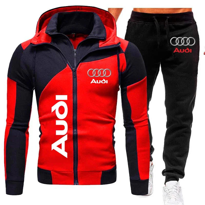 Tracksuit Audi Car Logo Print Sportswear 2 Pieces Sets Warm Fleece Clothing Hooded Sweatshirt+Pants Sport Suit Audi Men Clothing
