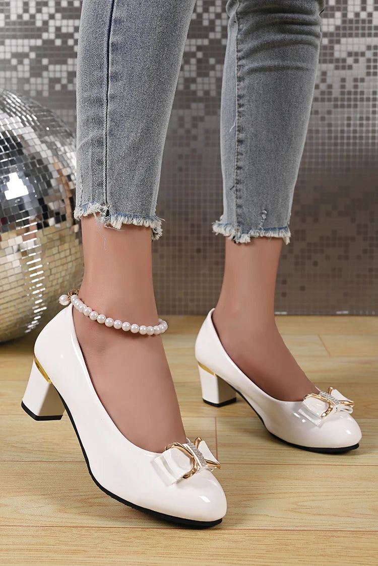 Women High Heels Low Heels Fashion Bling Bow patent leather Professional Casual Pumps Woman Wedding Party Shoes Large Size 42