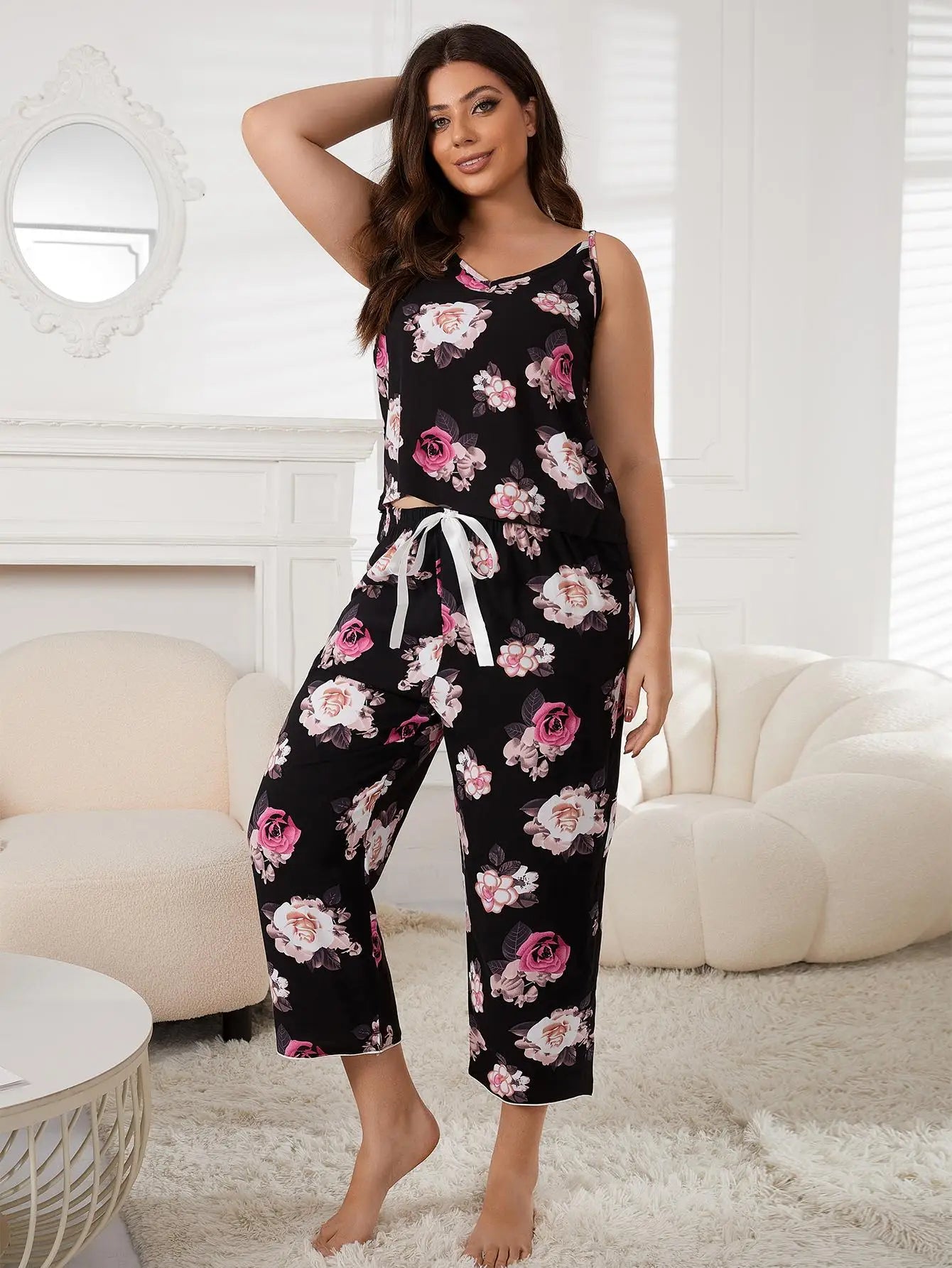 Floral V Neck Capri Pajama Set