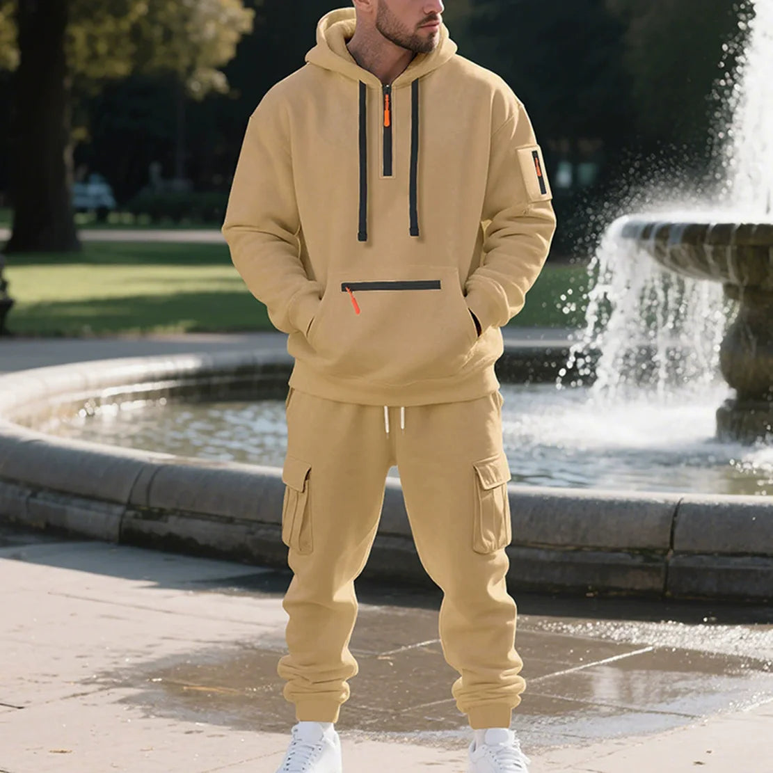 Men's Heavyweight Fleece-Lined Casual Tracksuit Set for Winter - Loose-Fit, Half-Zip, 2-Piece Workwear Style