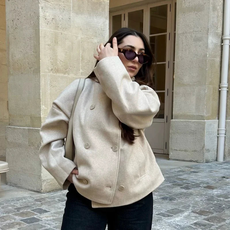 2025 Autumn Woolen Coats Women Casual Double Breasted Stand Collar Female Office Short Jackets Chic Lady Loose Street Outwear