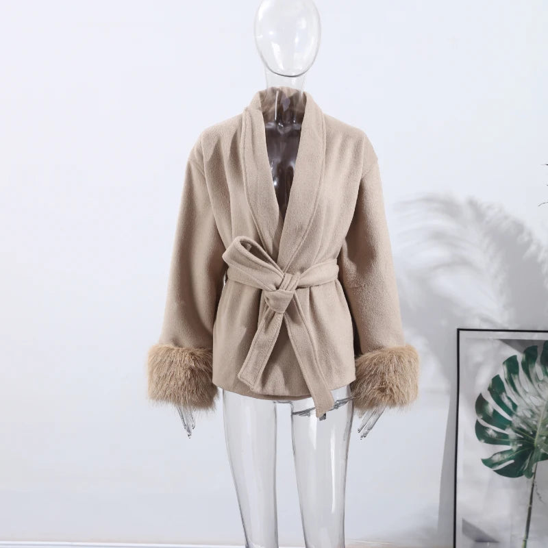 Elegant Women's Lace Up Woolen Coats Solid Full Sleeve Turn-down Collar Loose Lady Coats 2025 Autumn Winter Female Streetwear