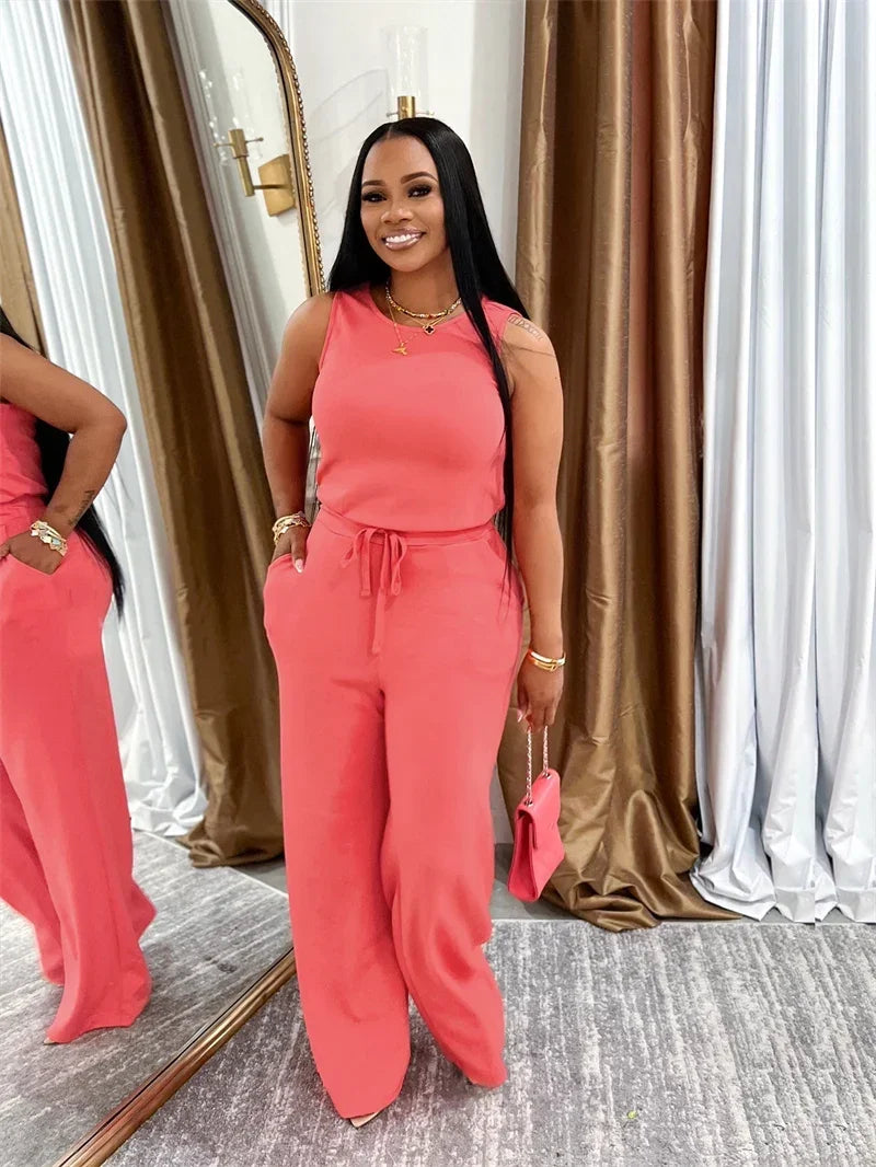 Solid Casual Jumpsuit for Women Sleeveless Drawstring High Waist One Pieces Rompers and Jumpsuits Summer Outfits Combinaison