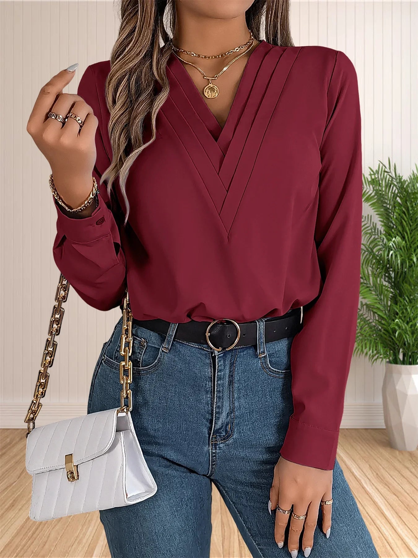 Elegant Layered V-Neck Office Blouse