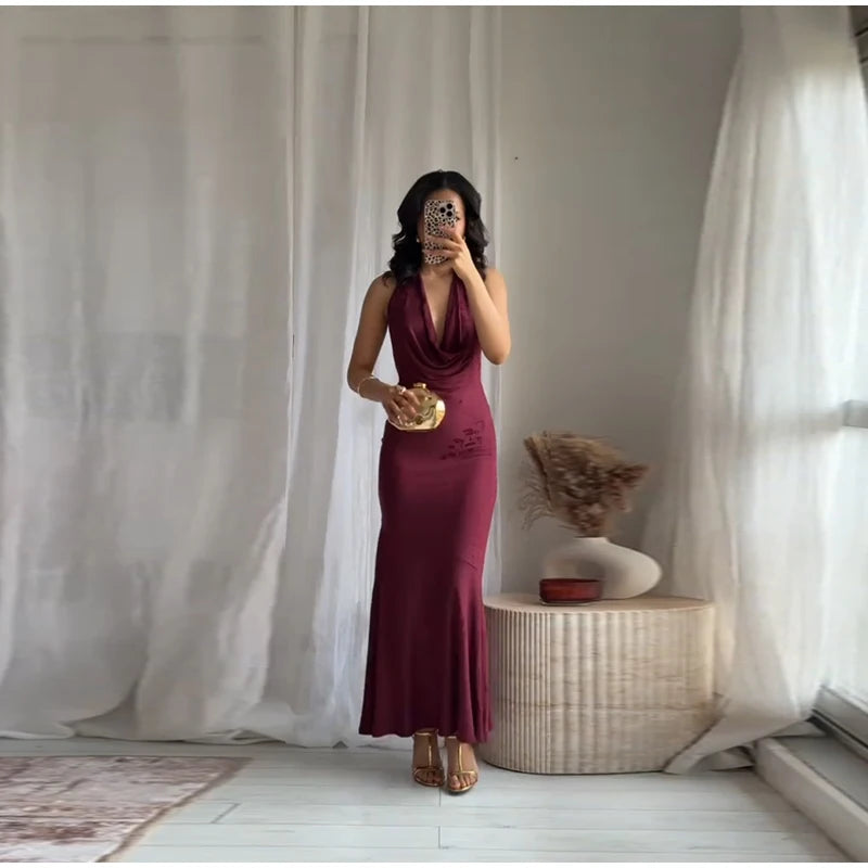 Vintage Deep V Sleeveless Evening Dress