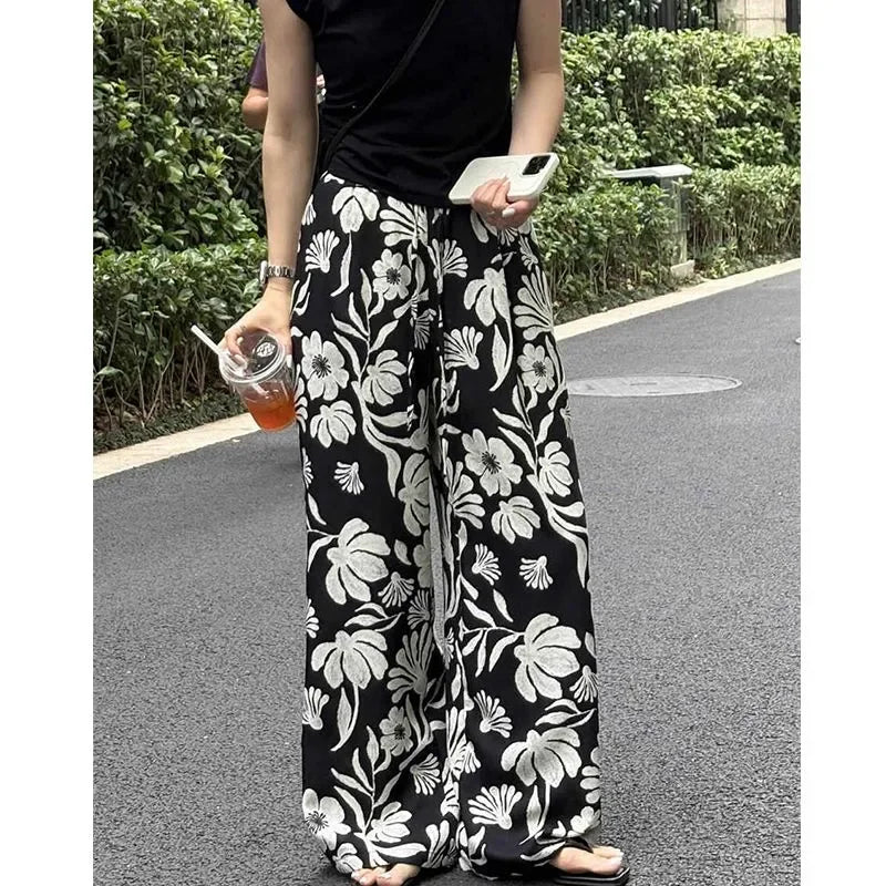 Wide-leg Pants for Women Summer Thin Printed New Style Drawstring Elastic Loose Straight Casual