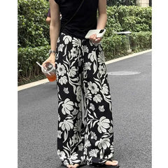 Wide-leg Pants for Women Summer Thin Printed New Style Drawstring Elastic Loose Straight Casual