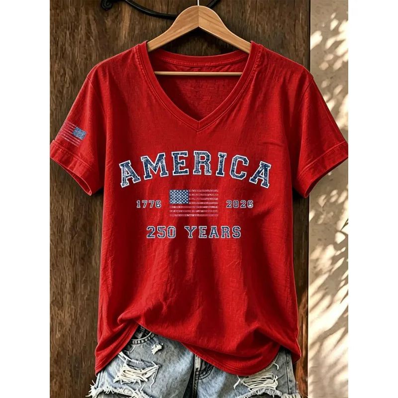Women's America 250 Years Print T-Shirts Summer Short Sleeve Casual T Shirt Tops White Tees Hot Sale Men's and Women's T Shirt